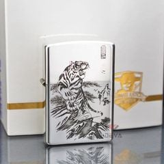 Bật lửa chính hãng Zorro Bạc Khối Khắc Hình Hổ Núi ZBK05