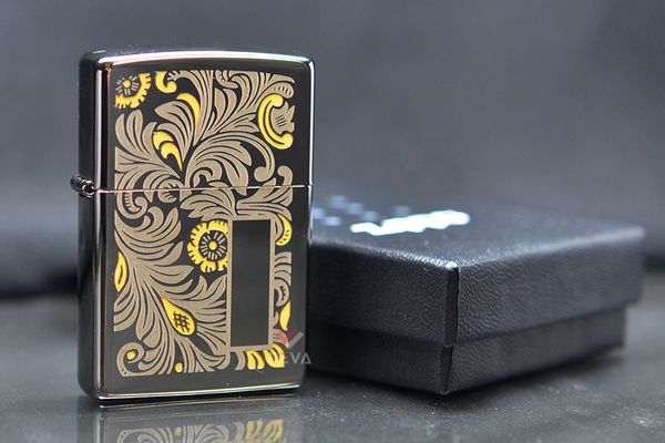 Zippo Mỹ chính hãng đen bóng hoa văn Venetian Z386