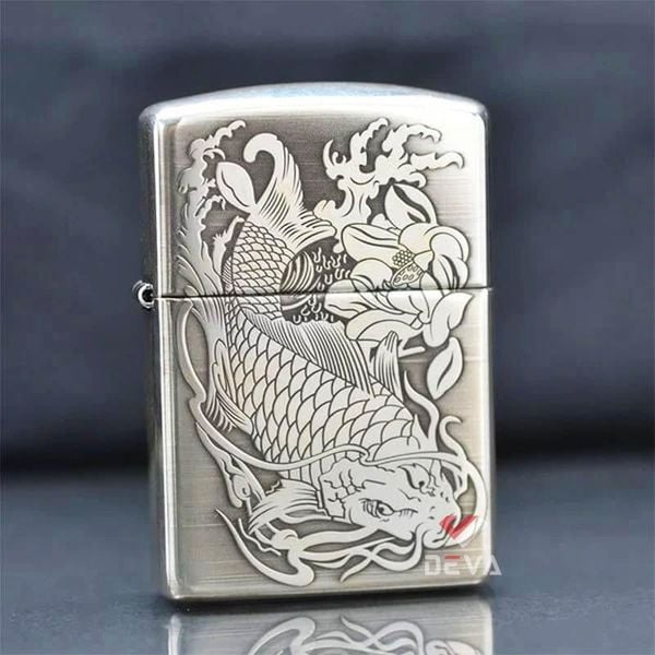 Zippo Bạc Khối Armor Khắc Cá Chép Đầm Sen BK61