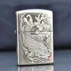Zippo Bạc Khối Armor Khắc Cá Chép Đầm Sen BK61