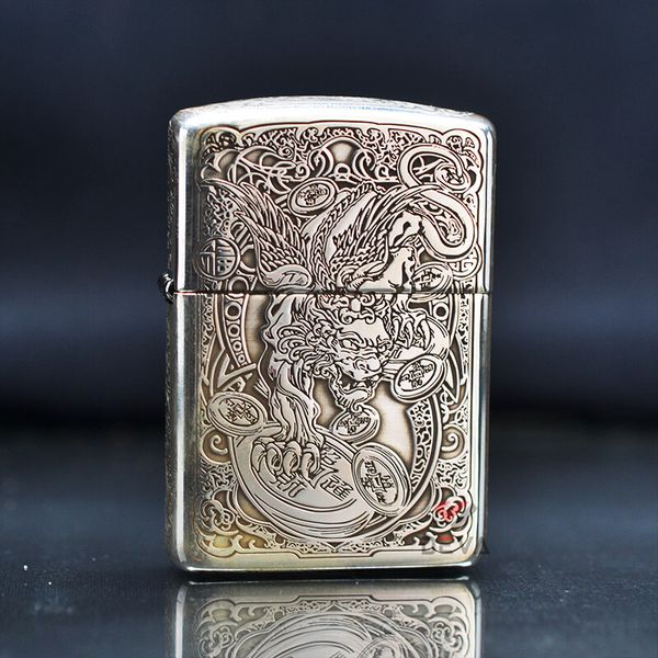 Zippo Bạc Khối Armor Khắc Kỳ Lân Các Mặt BK18