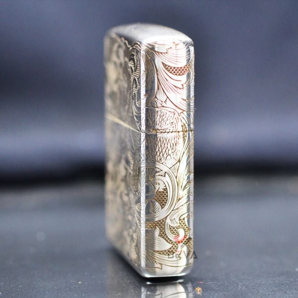 Zippo Bạc Khối Chạm Khắc Hình Rồng Cuộn BK16