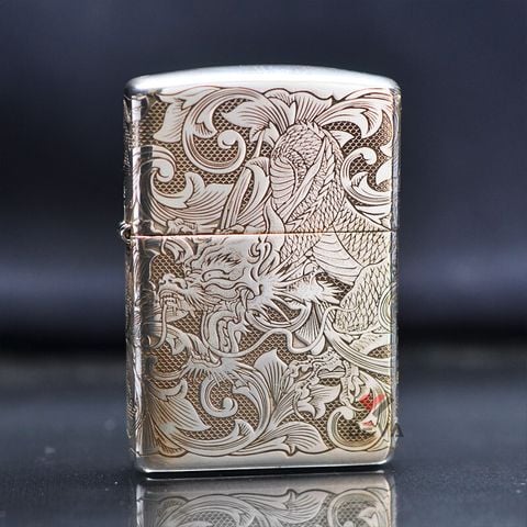 Zippo Bạc Khối Chạm Khắc Hình Rồng Cuộn BK16