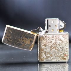 Zippo Bạc Khối Chạm Khắc Hình Rồng Cuộn BK16