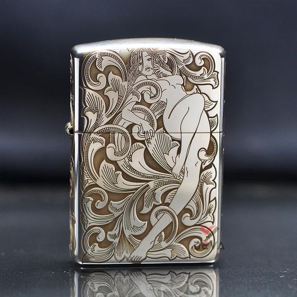 Zippo Bạc Khối Hoa Văn Hình Cô Gái Sexy BK25