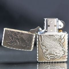 Zippo Bạc Khối Khắc Cá Chép Viền Gõ Búa BK11