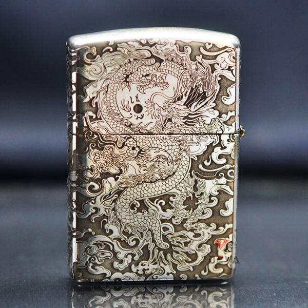 Zippo Bạc Khối Khắc Hình Rồng Mây 2 Mặt BK15