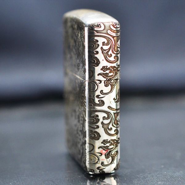 Zippo Bạc Khối Khắc Hình Rồng Mây 2 Mặt BK15