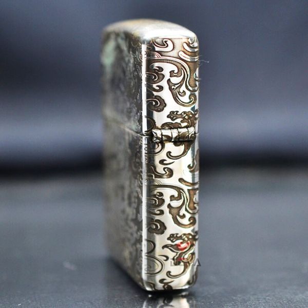 Zippo Bạc Khối Khắc Hình Rồng Mây 2 Mặt BK15