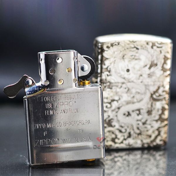 Zippo Bạc Khối Khắc Hình Rồng Mây 2 Mặt BK15
