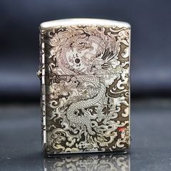 Zippo Bạc Khối Khắc Hình Rồng Mây 2 Mặt BK15