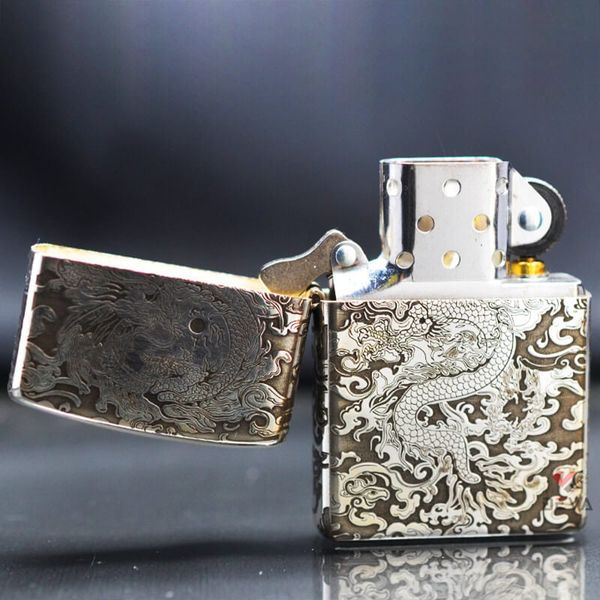 Zippo Bạc Khối Khắc Hình Rồng Mây 2 Mặt BK15