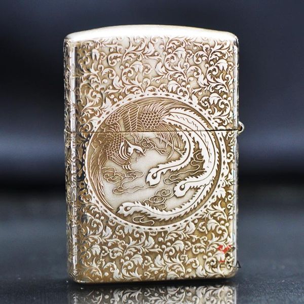 Zippo Bạc Khối Khắc Hoa Văn Rồng Phượng BK47