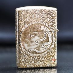 Zippo Bạc Khối Khắc Hoa Văn Rồng Phượng BK47