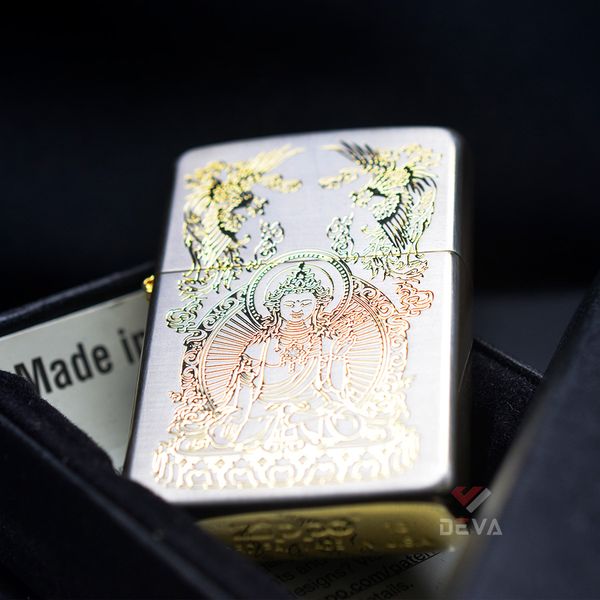 Bật Zippo Mỹ xuất Nhật hình phật khắc ăn mòn mạ vàng Z86
