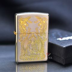 Bật Zippo Mỹ xuất Nhật hình phật khắc ăn mòn mạ vàng Z86