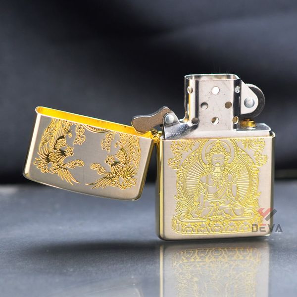 Bật Zippo Mỹ xuất Nhật hình phật khắc ăn mòn mạ vàng Z86