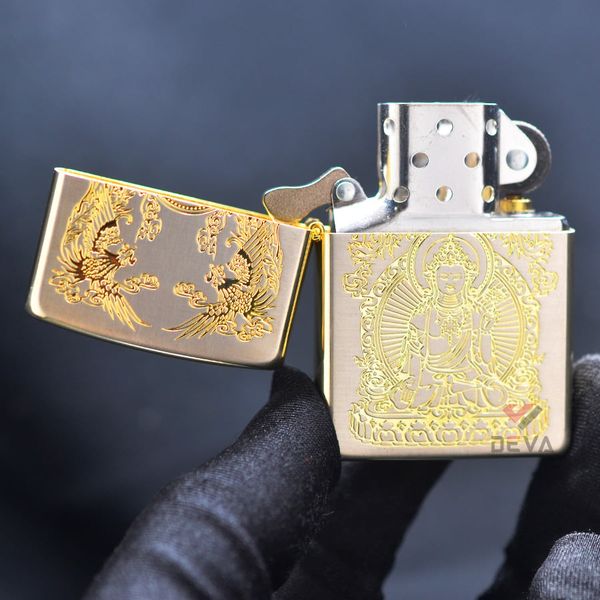 Bật Zippo Mỹ xuất Nhật hình phật khắc ăn mòn mạ vàng Z86