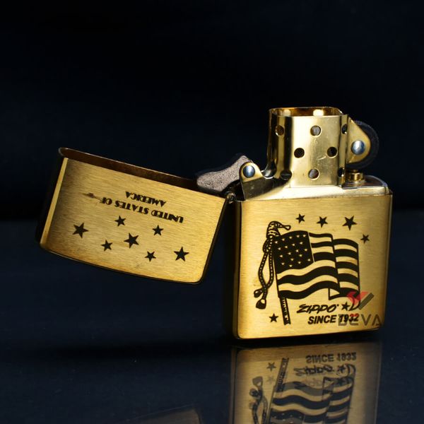 Zippo Vàng Xước Khắc Laser Cờ Mỹ ZK02