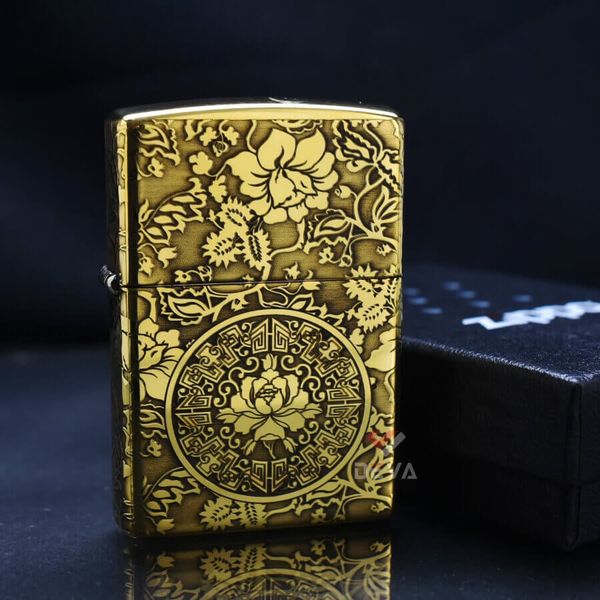 Zippo Vàng Khắc Nổi Hoa Mẫu Đơn ZK60
