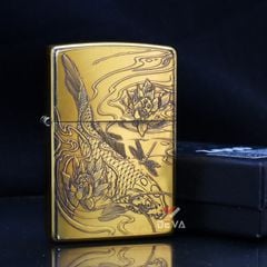 Zippo Khắc Nổi Cá Chép Đầm Sen 2 Mặt ZN80