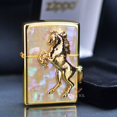 Zippo Khảm Trai Mạ Vàng Ốp Ngựa Nổi 3D ZN16