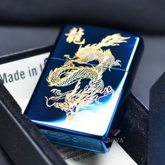 Zippo Xanh Sapphire Khắc Hình Rồng Bay Mạ Vàng ZK07