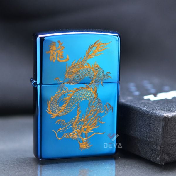 Zippo Xanh Sapphire Khắc Hình Rồng Bay Mạ Vàng ZK07