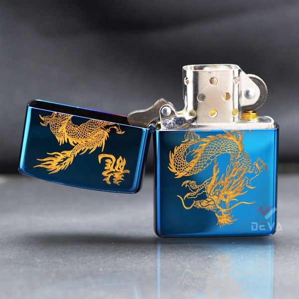 Zippo Xanh Sapphire Khắc Hình Rồng Bay Mạ Vàng ZK07