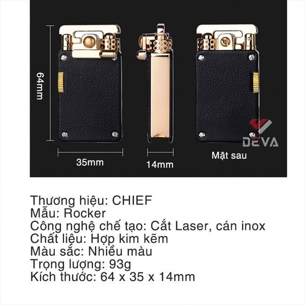 Bật lửa xăng đá chính hãng Chief cần gạt ốp da 2 mặt CF708