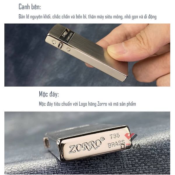 Bật lửa xăng đá chính hãng Zorro dáng nhỏ siêu mỏng Z735