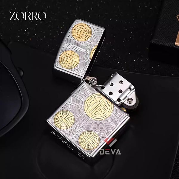 Bật lửa xăng đá Zorro khắc chữ phúc mạ vàng bản giới hạn Z92109