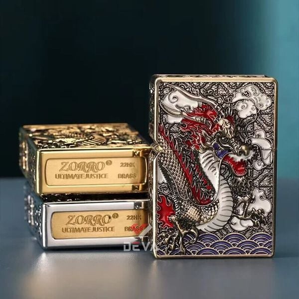 Bật lửa xăng đá Zorro bọc vỏ dày khắc nổi rồng thần Z-KJ1024
