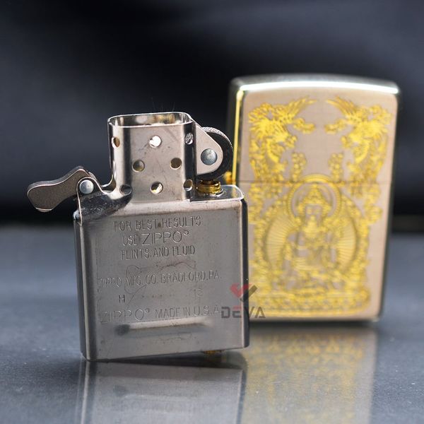 Bật Zippo Mỹ xuất Nhật hình phật khắc ăn mòn mạ vàng Z86
