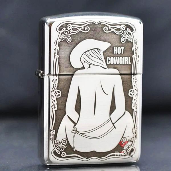 Zippo Bạc Khối Armor Khắc Cô Gái Cao Bồi Hot Cowgirl BK62