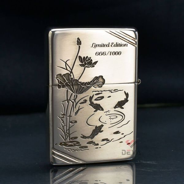 Zippo Bạc Khối Tái Bản 1937 Vintage Chặt Góc Khắc Cá Chép Trong Đầm Sen BK87
