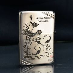 Zippo Bạc Khối Tái Bản 1937 Vintage Chặt Góc Khắc Cá Chép Trong Đầm Sen BK87