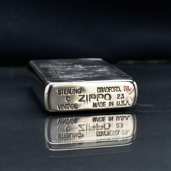 Zippo Bạc Khối Tái Bản 1937 Vintage Chặt Góc Khắc Cá Chép Trong Đầm Sen BK87