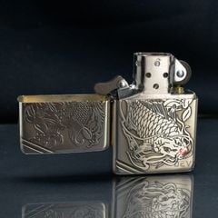Zippo Bạc Khối Tái Bản 1937 Vintage Chặt Góc Khắc Cá Chép Trong Đầm Sen BK87