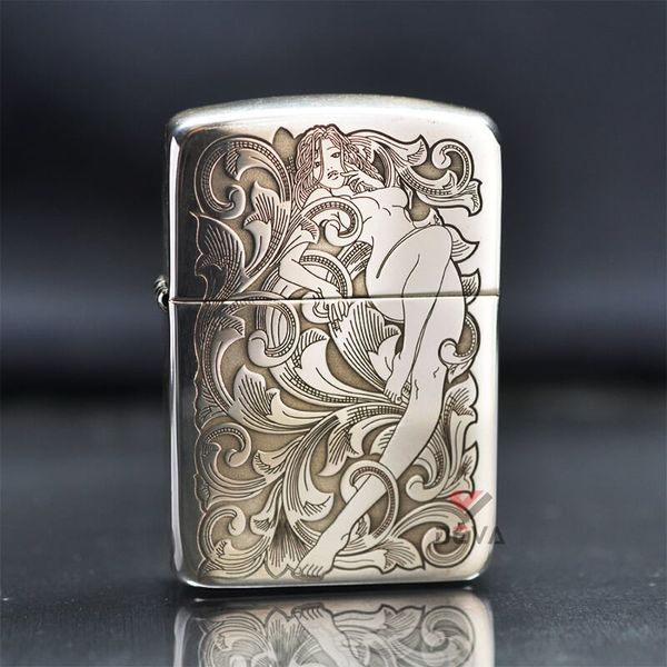 Zippo Bạc Khối Tái Bản 1941 Khắc Hoa Văn Cô Gái Sexy BK46