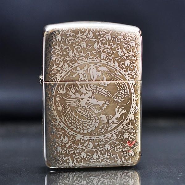 Zippo Bạc Khối Tái Bản 1941 Khắc Hoa Văn Rồng Phượng BK32