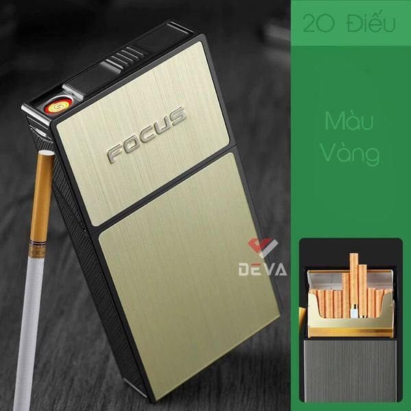 Hộp đựng thuốc lá Focus nguyên bao 20 điếu size nhỏ 5.5mm kèm bật lửa điện nhiệt JD YH089