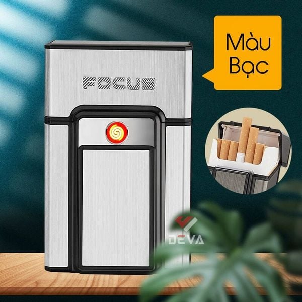 Hộp đựng thuốc lá Focus nguyên bao 20 điếu loại 6.5mm kèm bật lửa điện nhiệt JD YH071