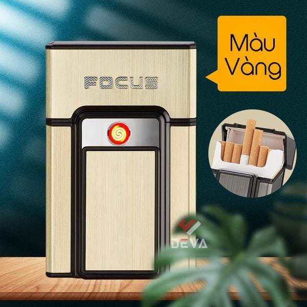 Hộp đựng thuốc lá Focus nguyên bao 20 điếu loại 6.5mm kèm bật lửa điện nhiệt JD YH071