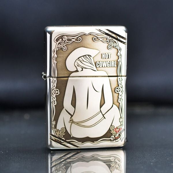 Zippo Bạc Khối Tái Bản 1937 Vintage Khắc Cô Gái Cao Bồi Hot Cowgirl BK36
