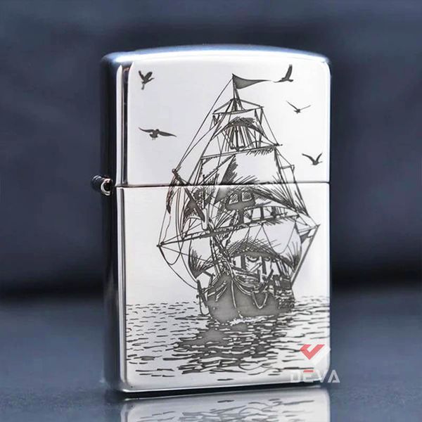 Zippo Bạc Khối Khắc Hình Thuyền Buồm BK59