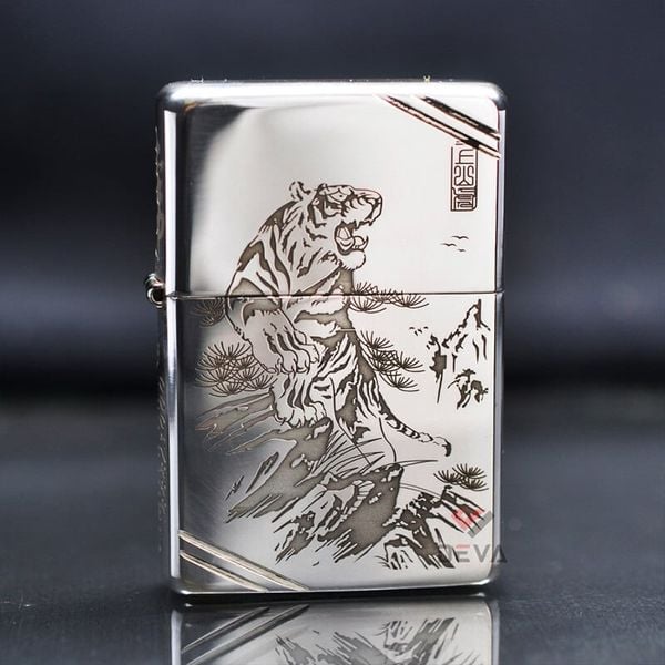 Zippo Bạc Khối Tái Bản 1937 Vintage Chặt Góc Khắc Hổ Núi BK14