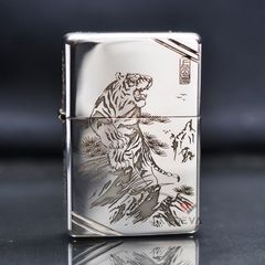Zippo Bạc Khối Tái Bản 1937 Vintage Chặt Góc Khắc Hổ Núi BK14
