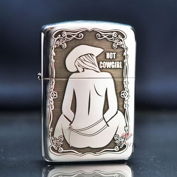 Zippo Bạc Khối Tái Bản 1941 Khắc Cô Gái Cao Bồi Quyến Rũ BK73