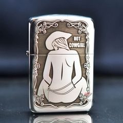 Zippo Bạc Khối Tái Bản 1941 Khắc Cô Gái Cao Bồi Quyến Rũ BK73